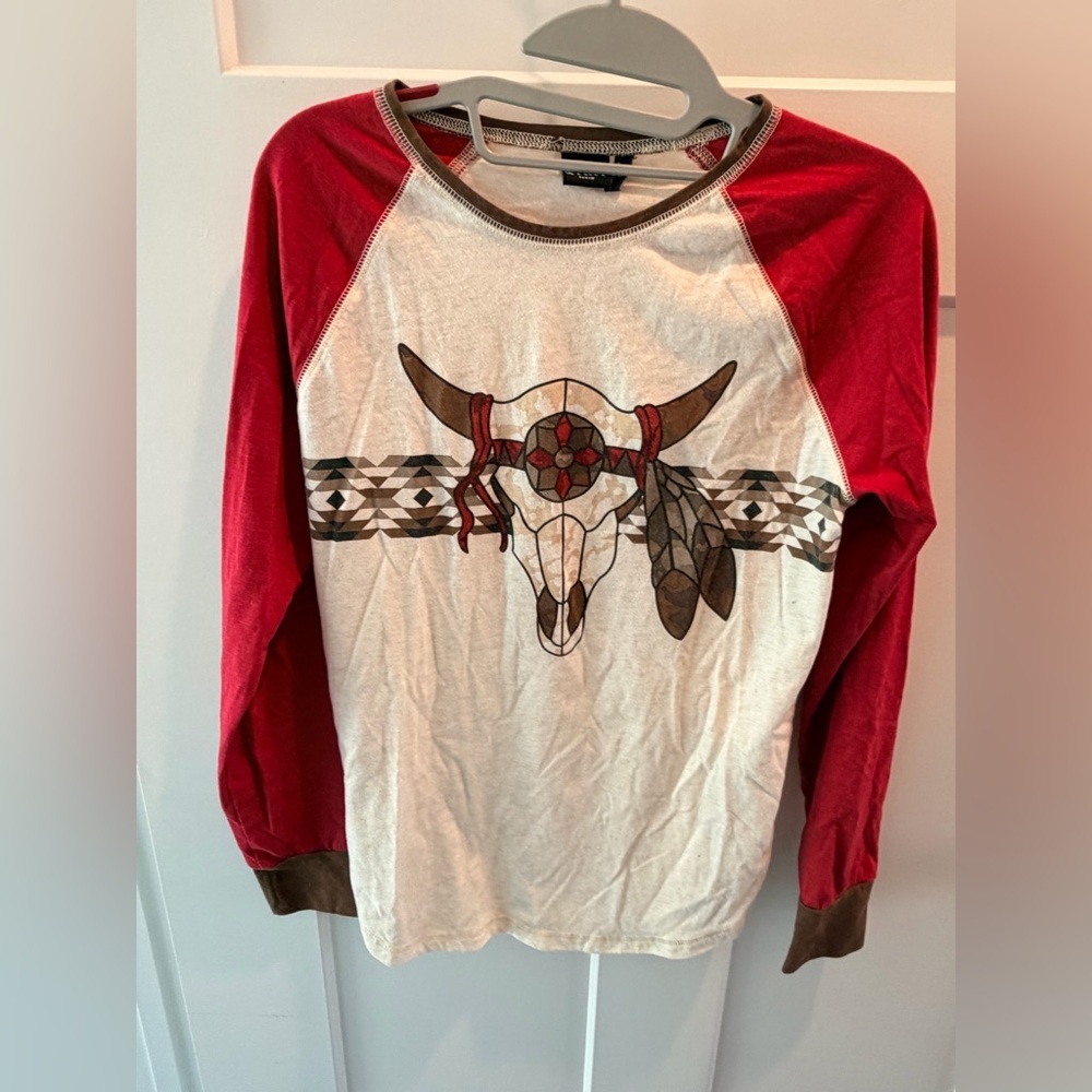 Cruel Denim Longhorn Skull Western Graphic Raglan Tee Small